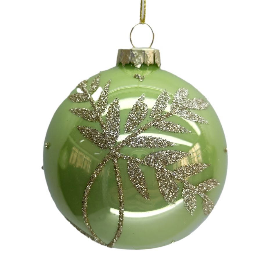 ORN GLASS BALL 3" GREEN SAGE W/ GLITTER LEAF SPRAY