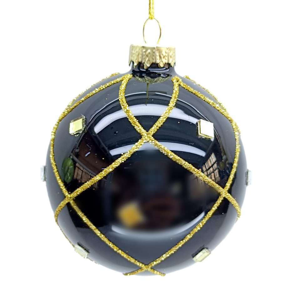 ORN GLASS BALL BLACK SHINY HARLEQUIN W/ MIRROR BEADS & GLITTER