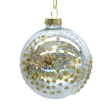 ORN GLASS BALL 3" CLEAR W/ GLITTER BERRY STARBURST