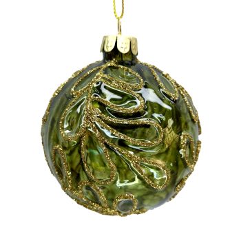 ORN GLASS BALL 3" CLEAR GREEN EMBOSSED LEAF VINE W/ GLITTER