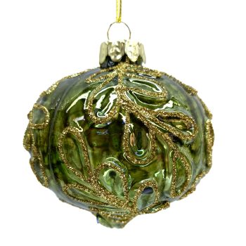ORN GLASS ONION 3" CLEAR GREEN EMBOSSED LEAF VINE W/ GLITTER