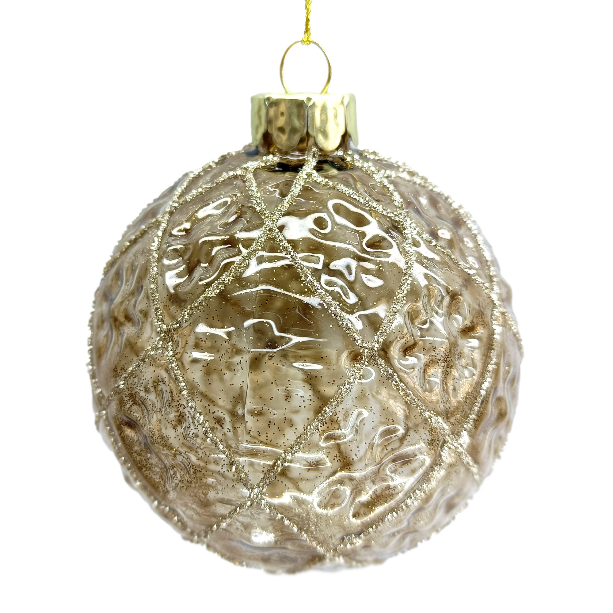 ORN GLASS BALL 3" CLEAR COFFEE GLITTER DIAMOND W/ EMBOSSED FLORAL PATTERN