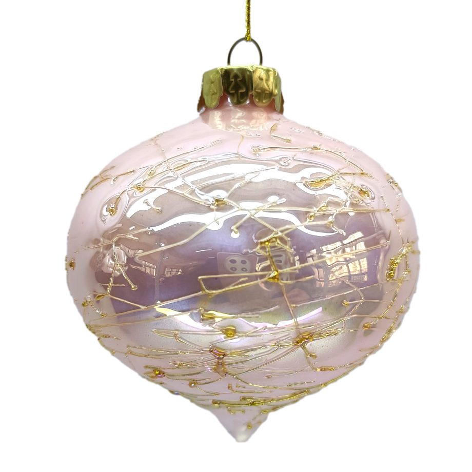 ORN GLASS BALL 3" PINK SHINY IRR. CRACKLE FINISH