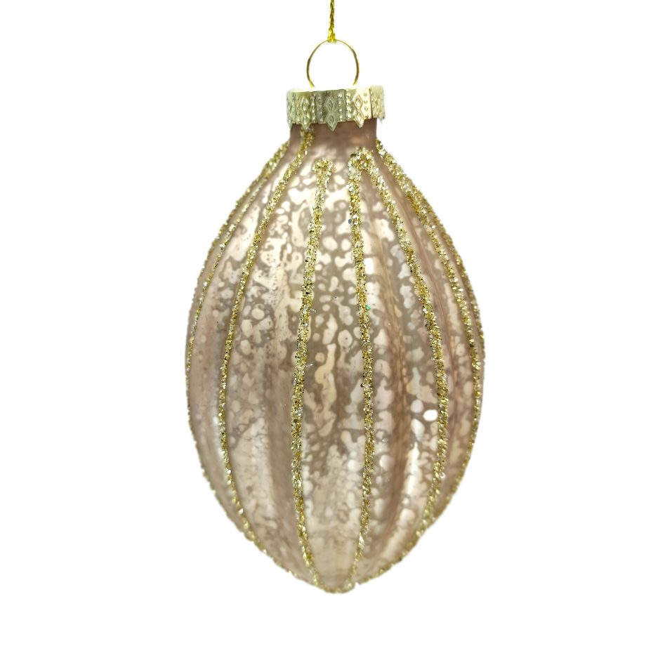 ORN GLASS FINIAL 5" CHAMPAGNE MERCURY ANTIQUE RIBBED W/ GLITTER