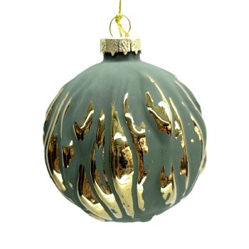 ORN GLASS BALL 3" GREEN MATTE EMBOSSED TREE BARK PATTERN