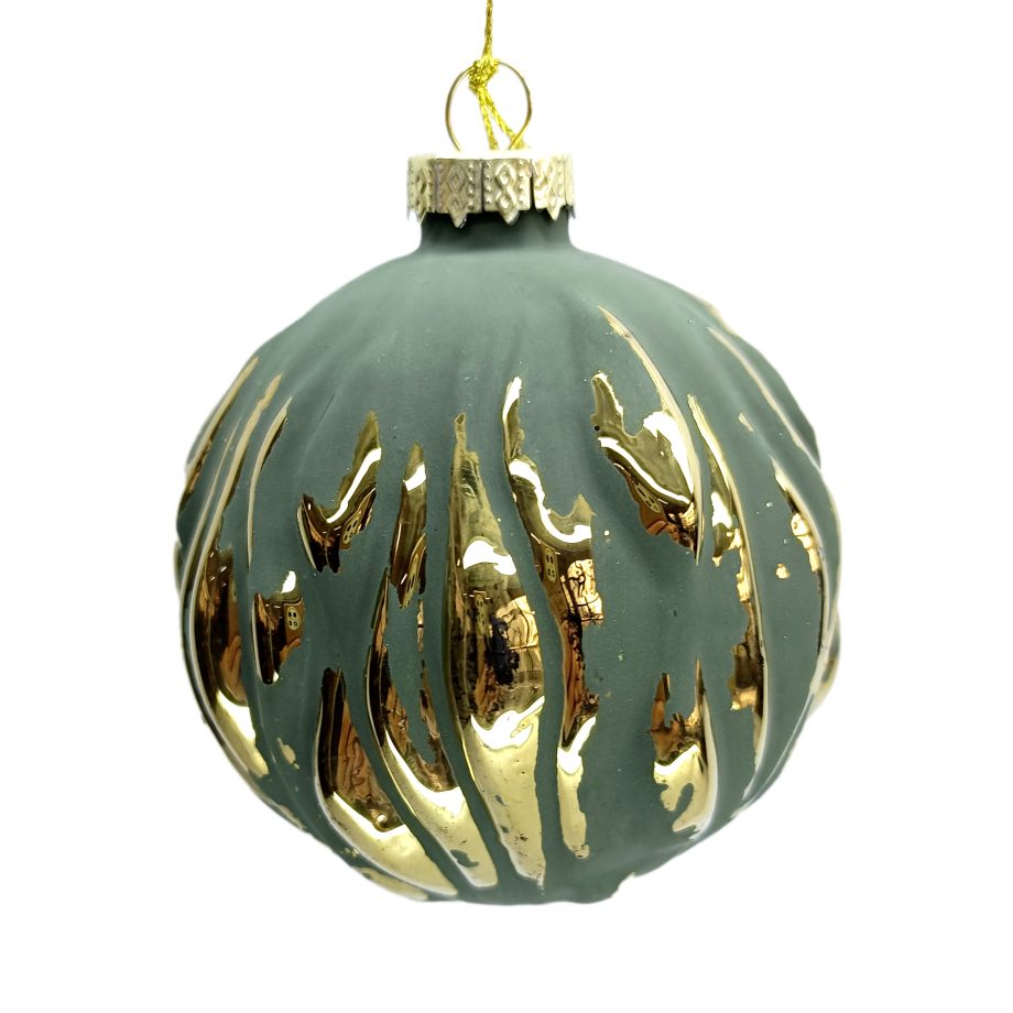 ORN GLASS BALL 3" GREEN MATTE EMBOSSED TREE BARK PATTERN
