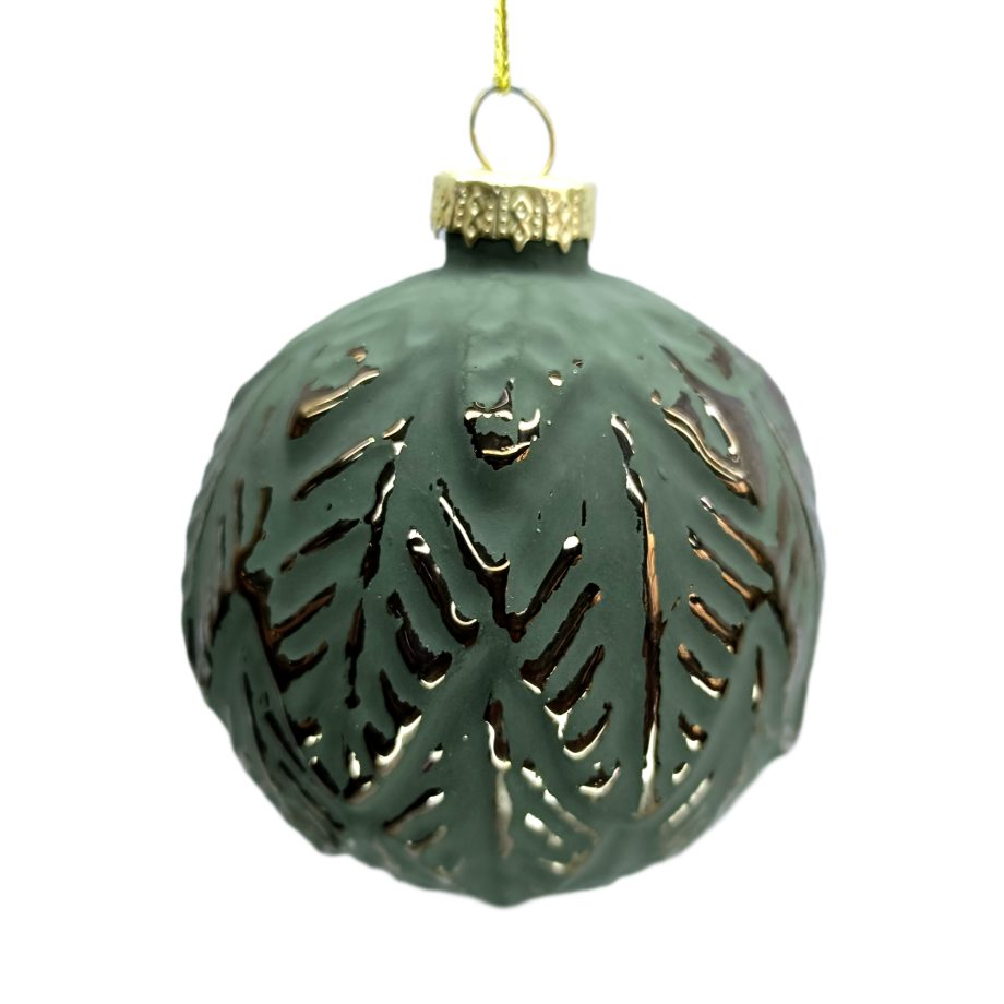 ORN GLASS BALL 3" GREEN MATTE EMBOSSED MAGNOLIA LEAF