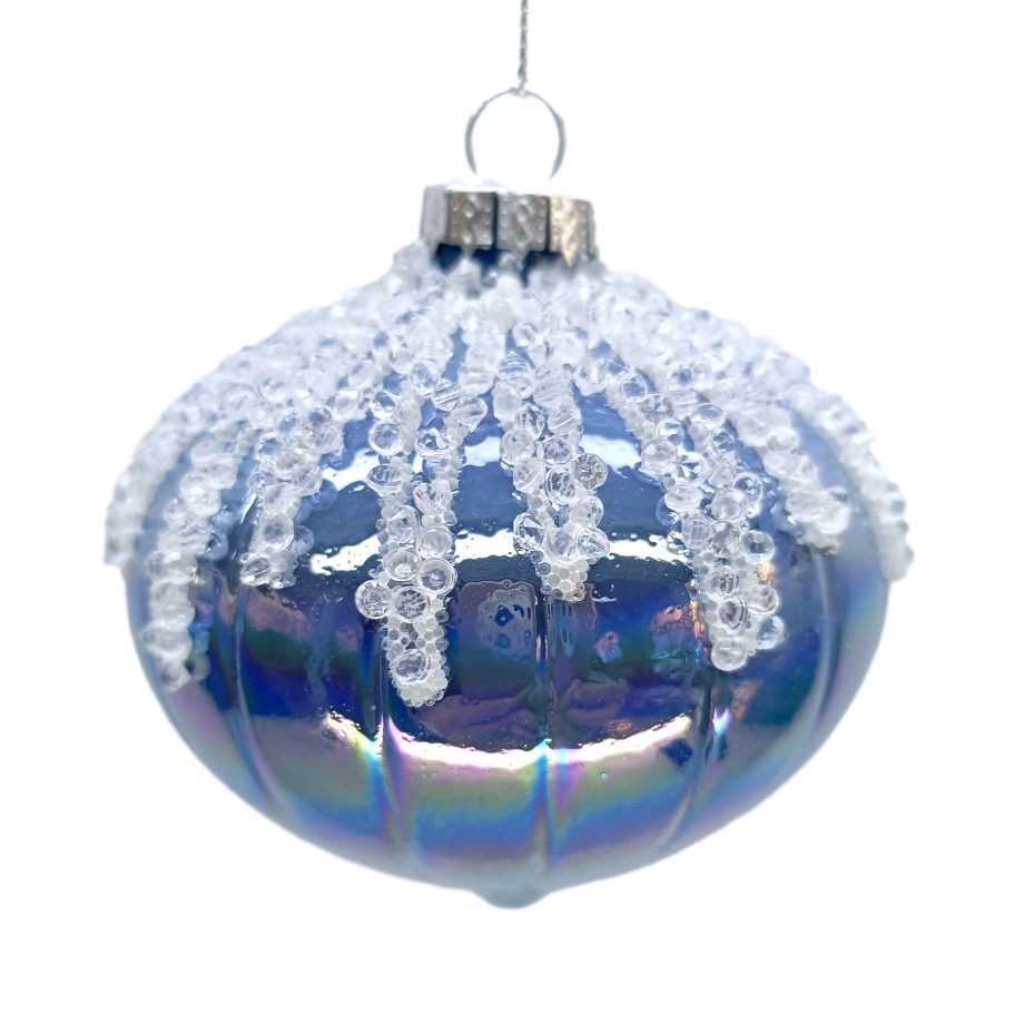 ORN GLASS ONION 3" BLUE IRR. W/ ICED BEAD