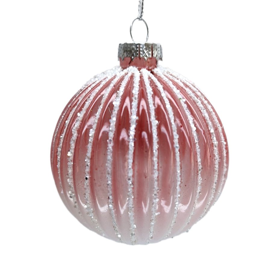 ORN GLASS BALL 3" CLEAR RED MELON W/ GLITTER