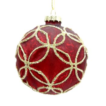 ORN GLASS BALL 3" RED ANTIQUE MERCURY W/ GLITTER FLORAL PATTERN