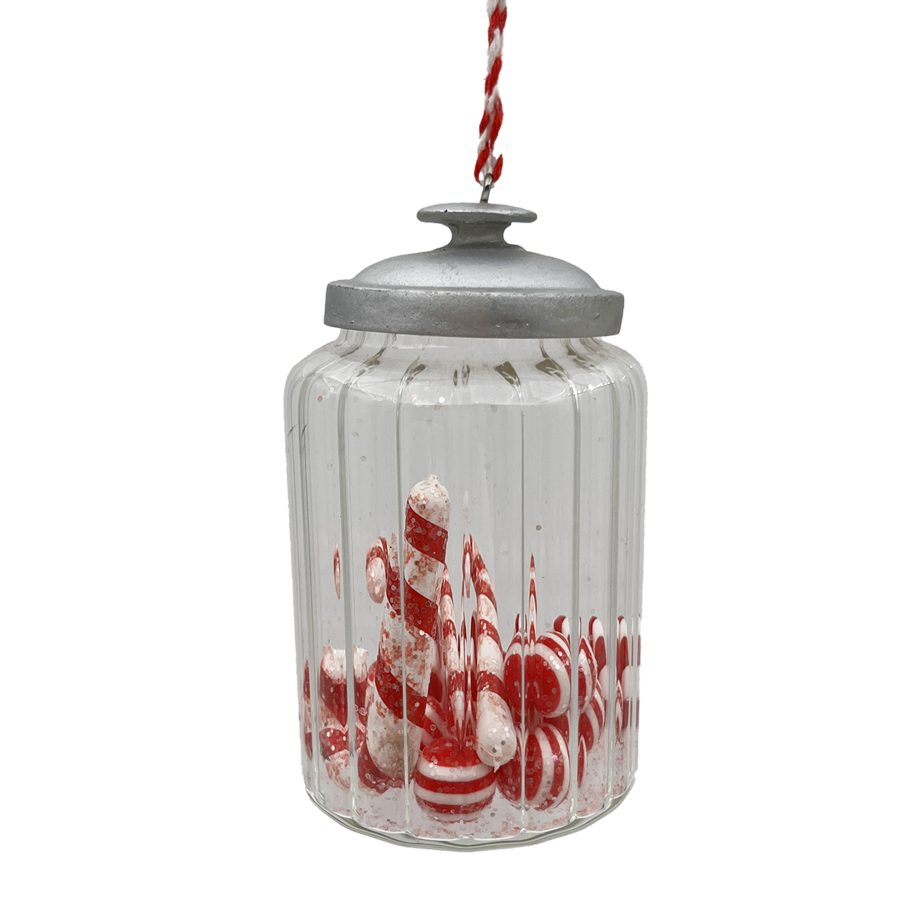 ORN GLASS CANDY JUG 4" RED/WHITE GLITTER