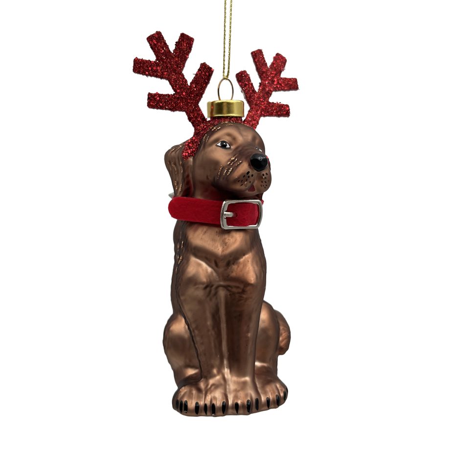 ORN GLASS DOG W/ REINDEER ANTLER 5" BROWN/RED GLITTER