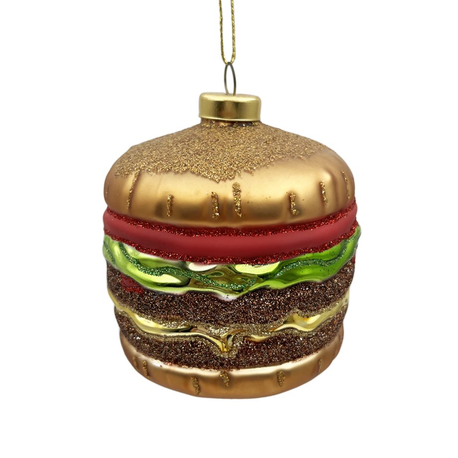 ORN GLASS DOUBLE PATTY BURGER 4" GOLD/MULTI GLITTER