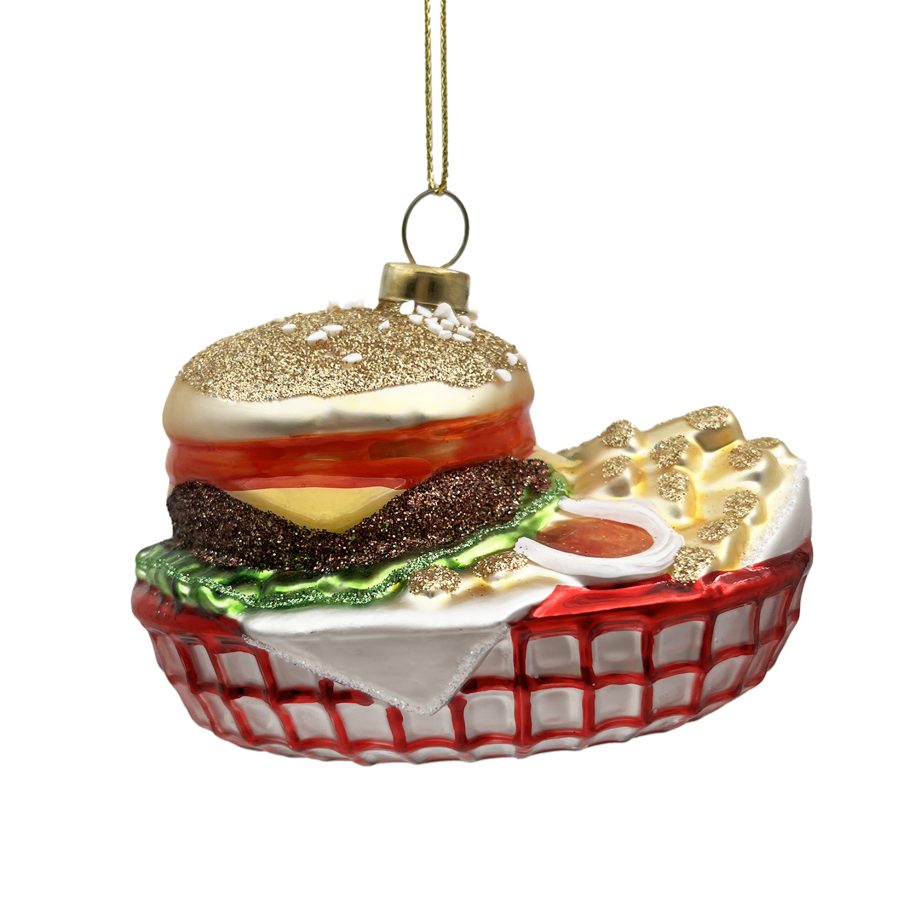 ORN GLASS BURGER & FRIES BASKET 3" RED/GOLD GLITTER