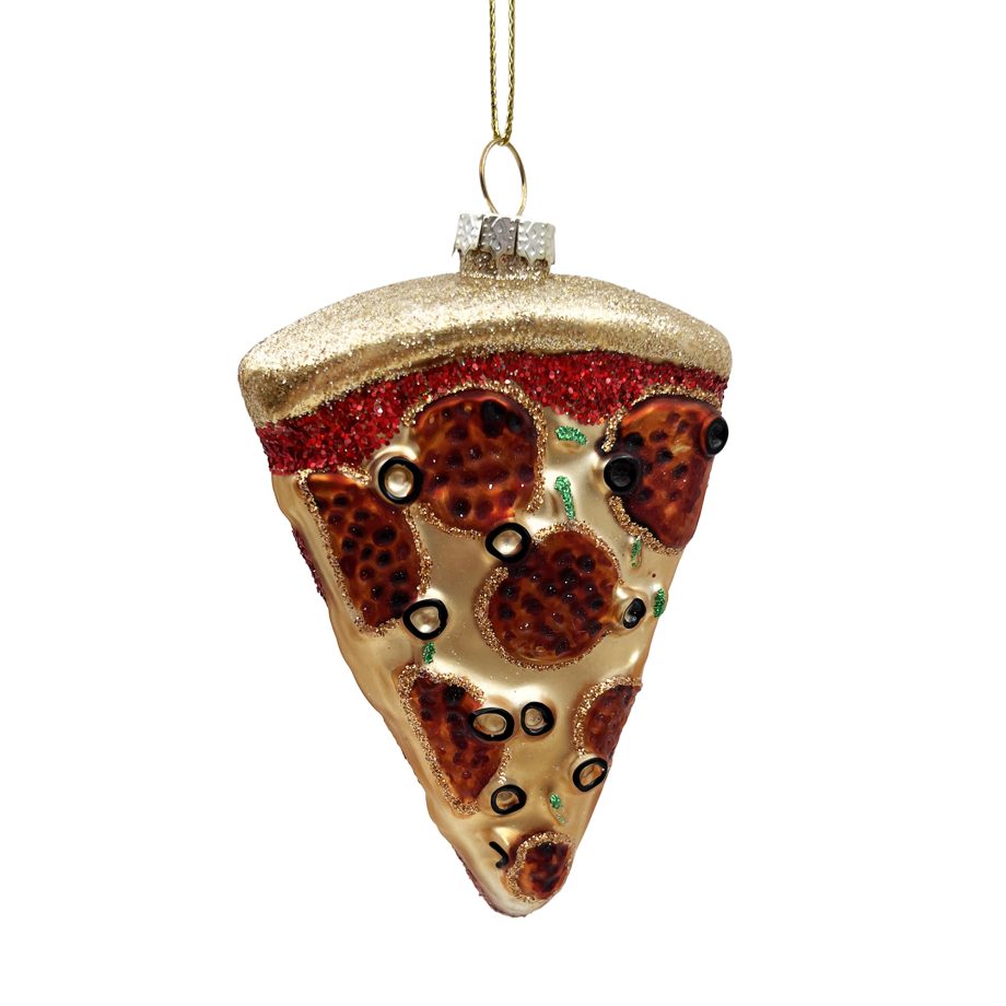 ORN GLASS SLICED PIZZA 4" RED/GOLD GLITTER