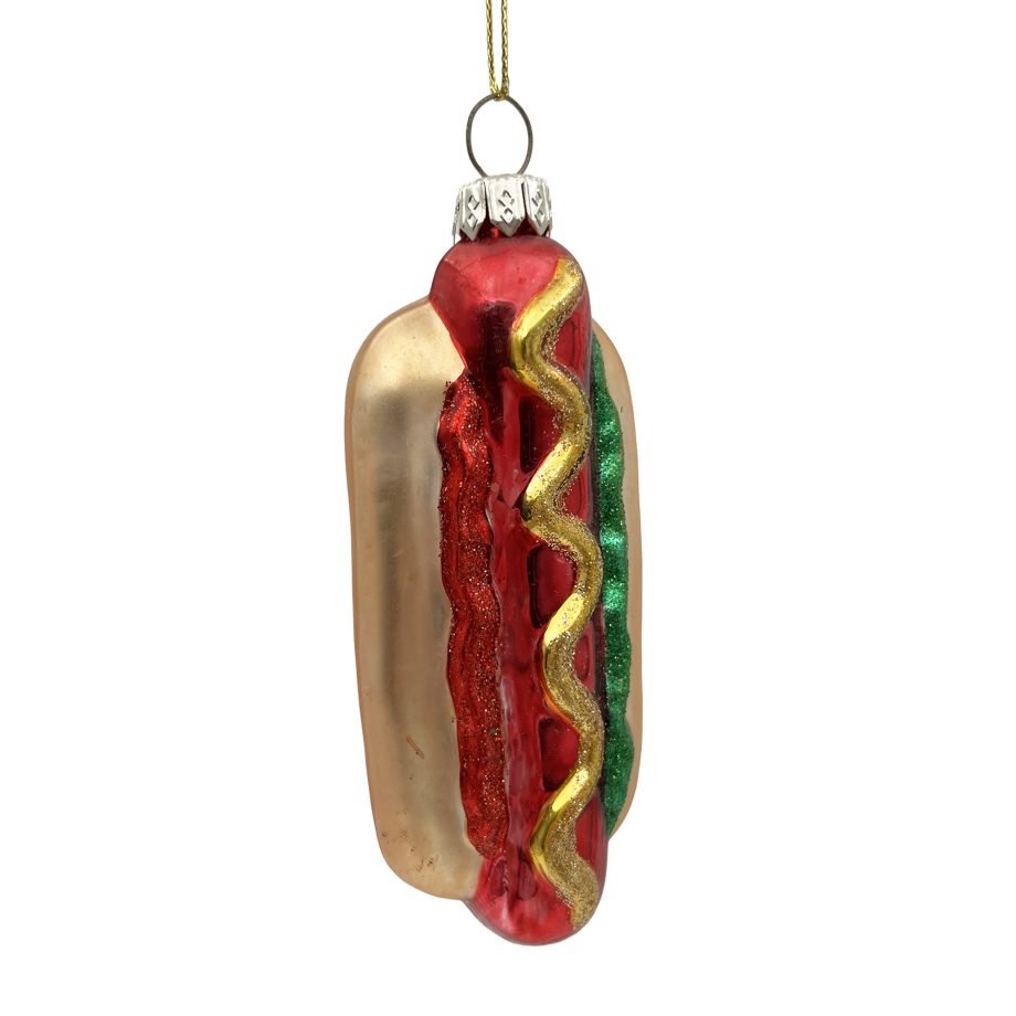 ORN GLASS SAUSAGE BUN 5" RED/GREEN GLITTER
