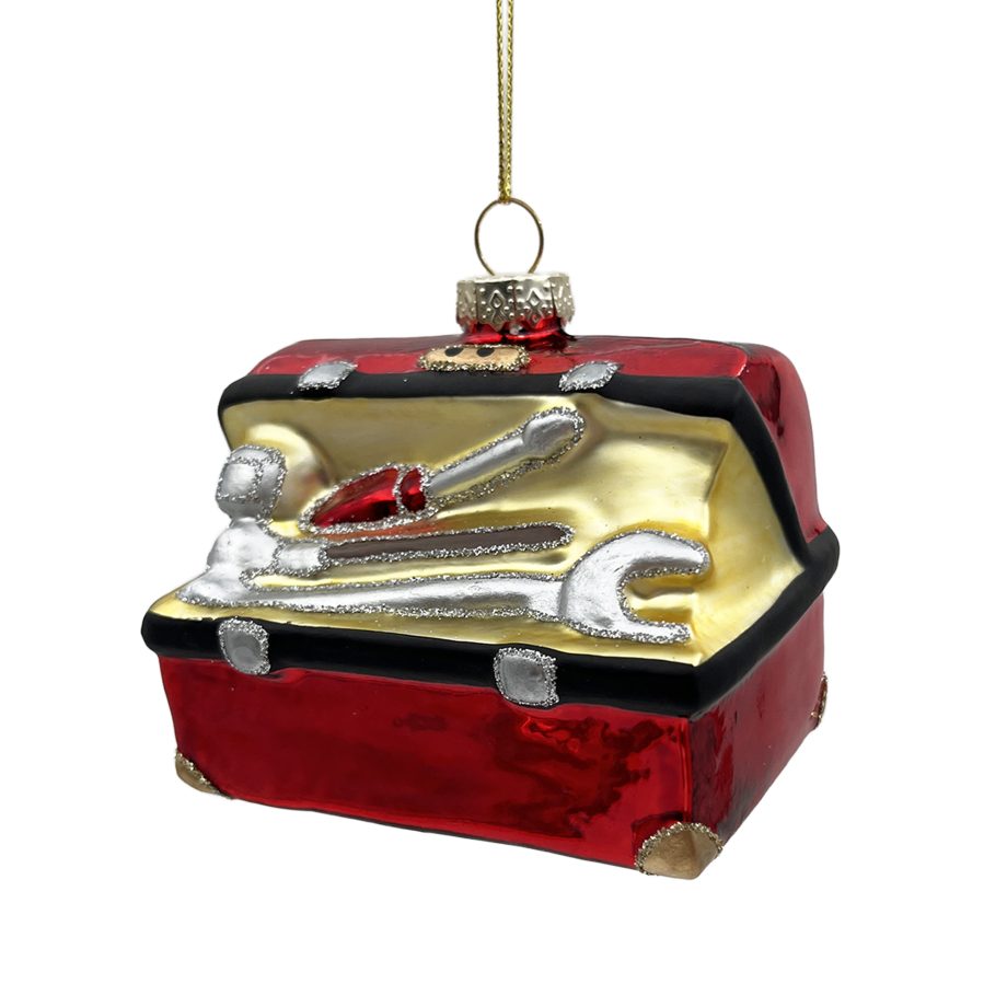 ORN GLASS TOOLBOX 3" GOLD/RED/SILVER GLITTER