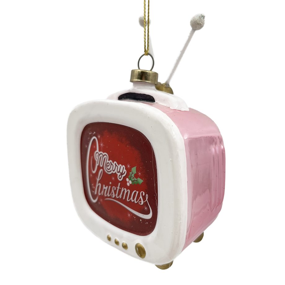 ORN GLASS VINTAGE TELEVISION 4" PINK/WHITE