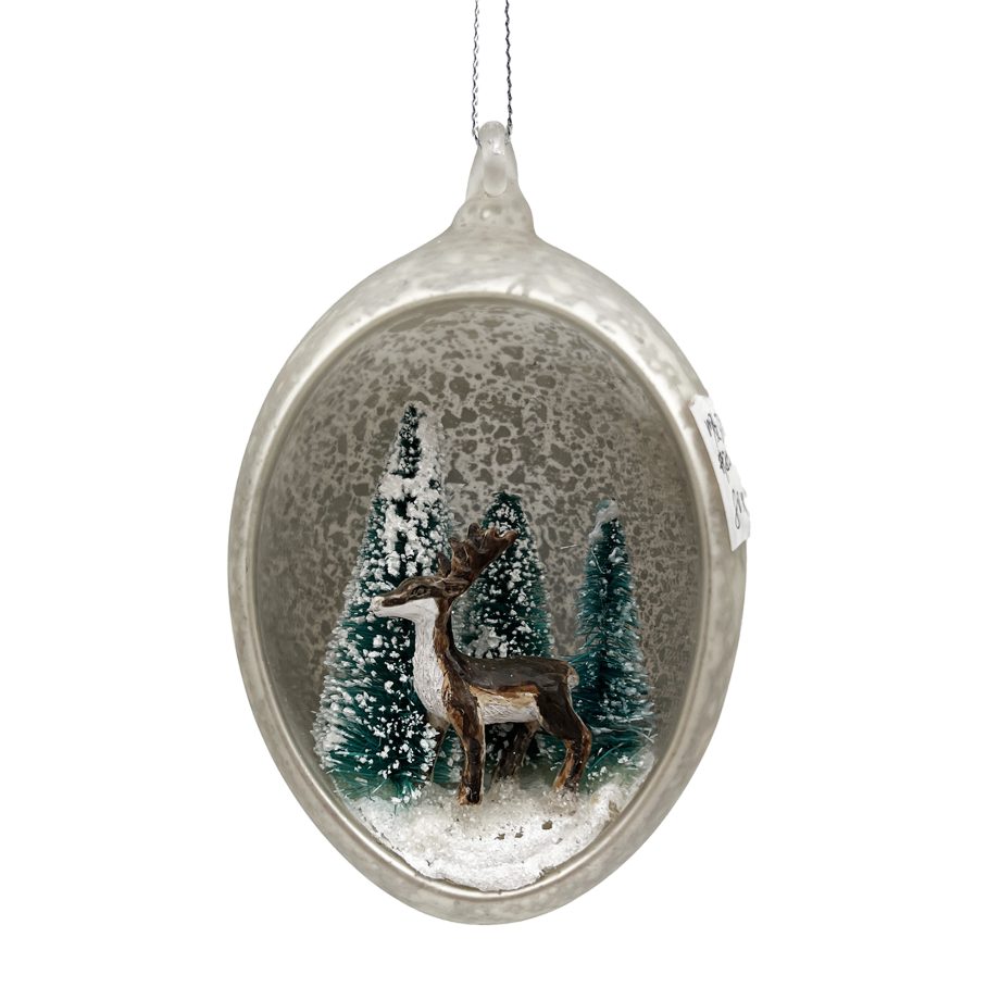 ORN GLASS OVAL W/ DEER & TREE 5" MERCURY/MULTI GLITTER