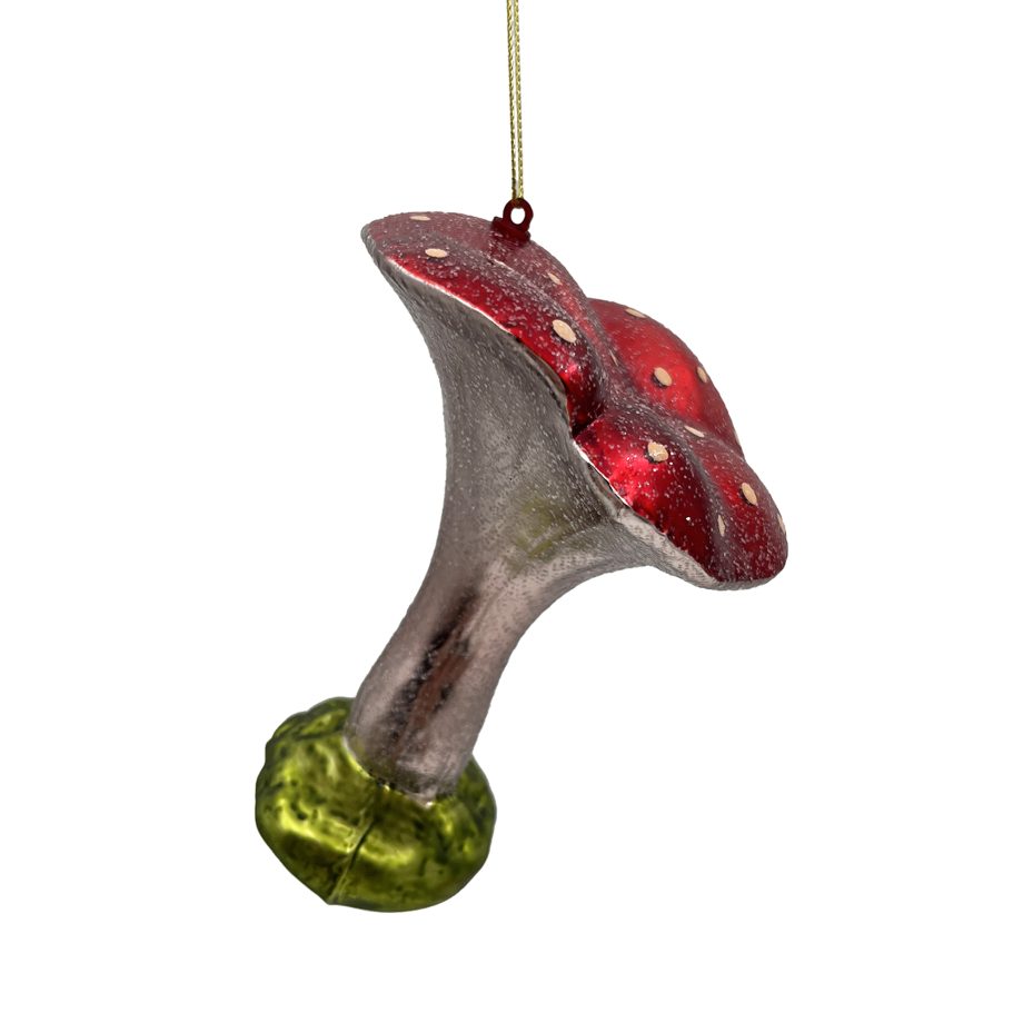 ORN GLASS MUSHROOM 4" RED GLITTER