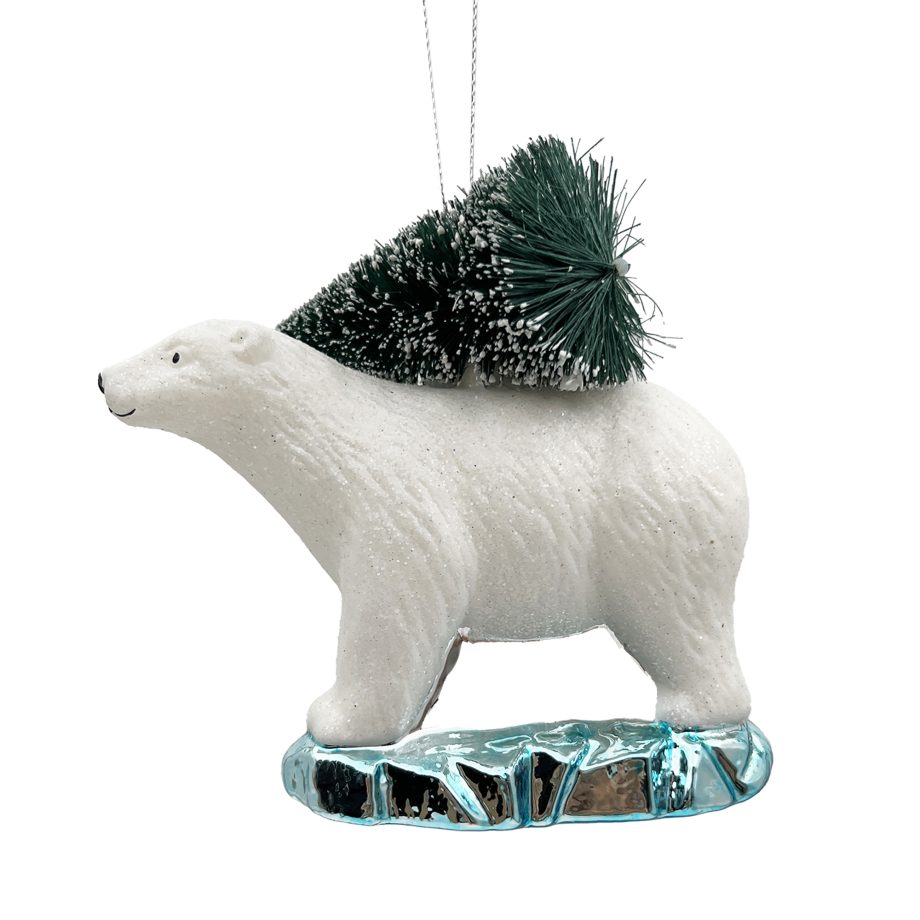 ORN GLASS POLAR BEAR CARRYING TREE 4" WHITE/GREEN GLITTER