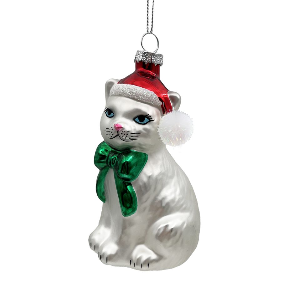 ORN GLASS CAT W/ SANTA HAT 4" WHITE/GREEN/RED GLITTER