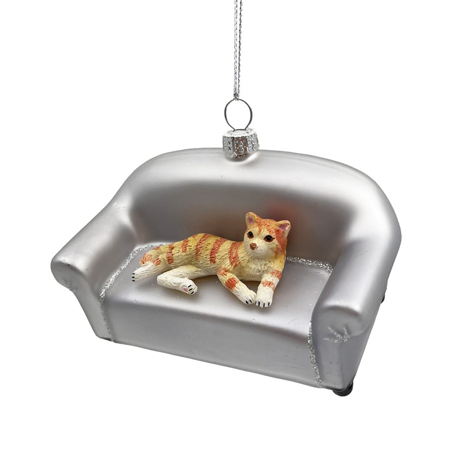 ORN GLASS KITTEN SITTING ON SOFA 2" SILVER GLITTER