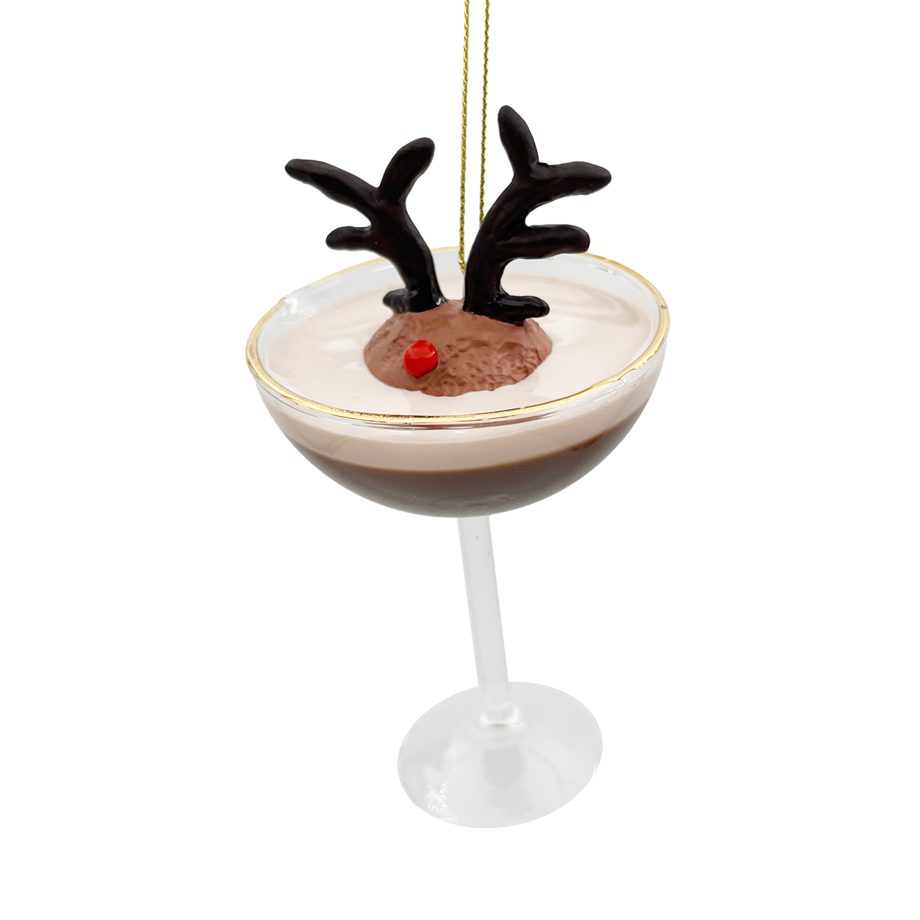 ORN GLASS MARTINI COCKTAIL W/ REINDEER ANTLER GARNISH 5" MULTI