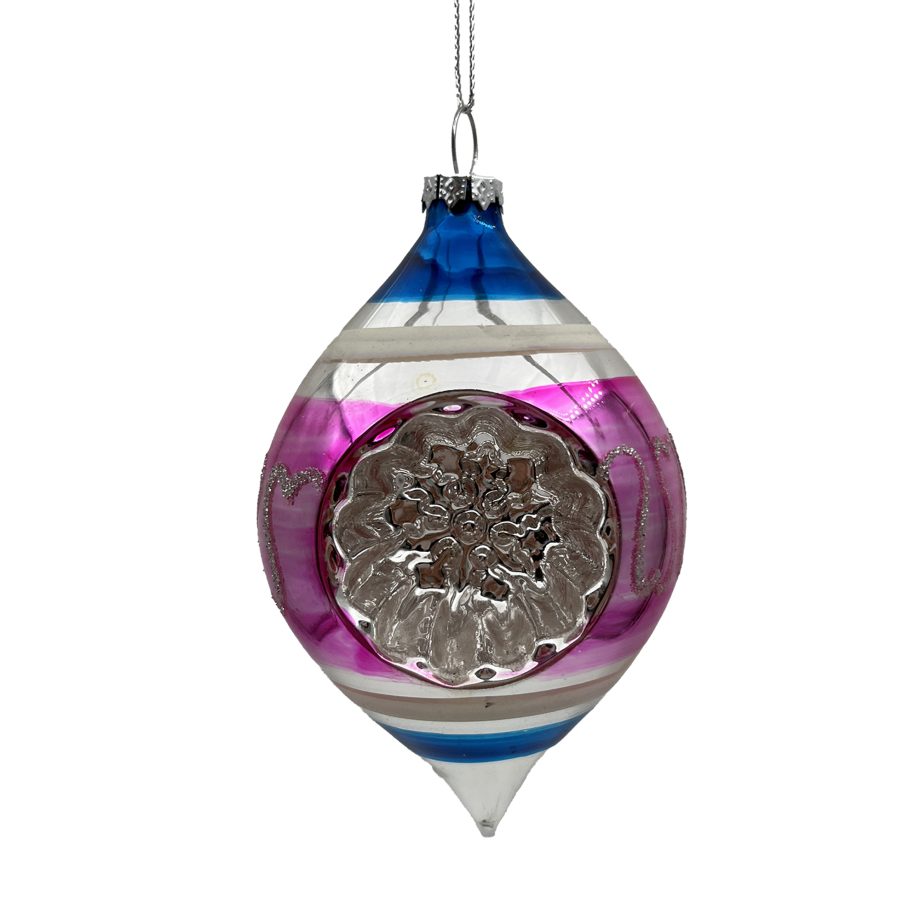 ORN GLASS TEARDROP 5" DENTED MULTI GLITTER