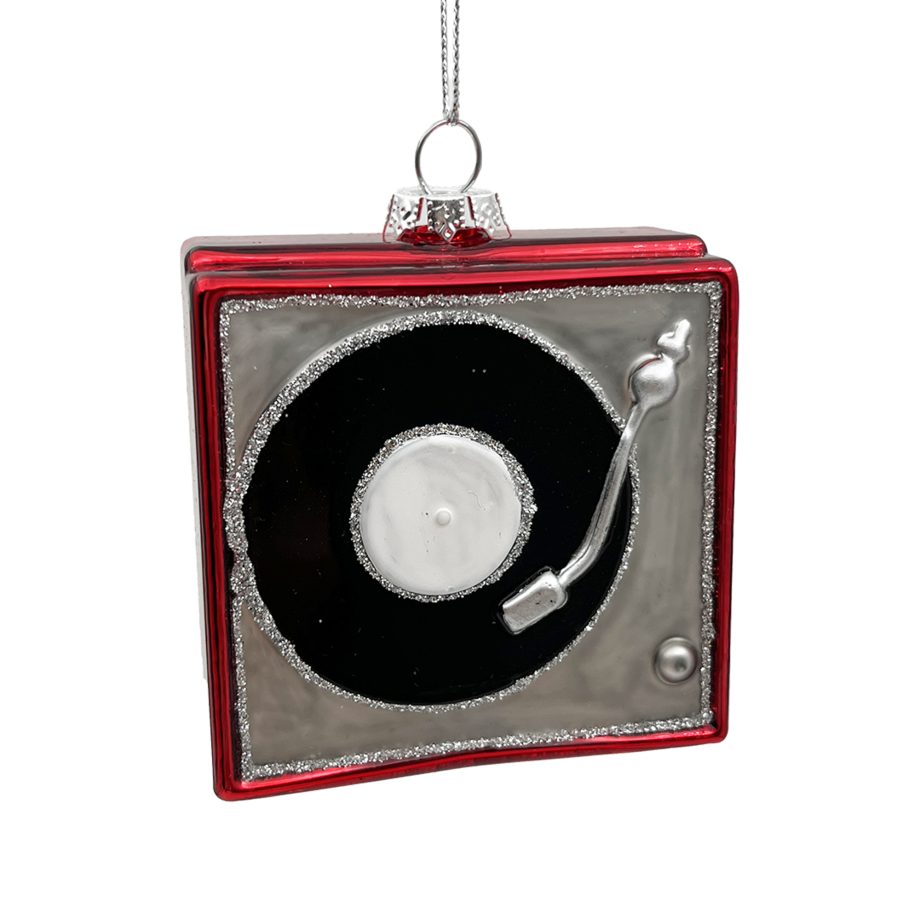 ORN GLASS PHONOGRAPH 3" RED GLITTER