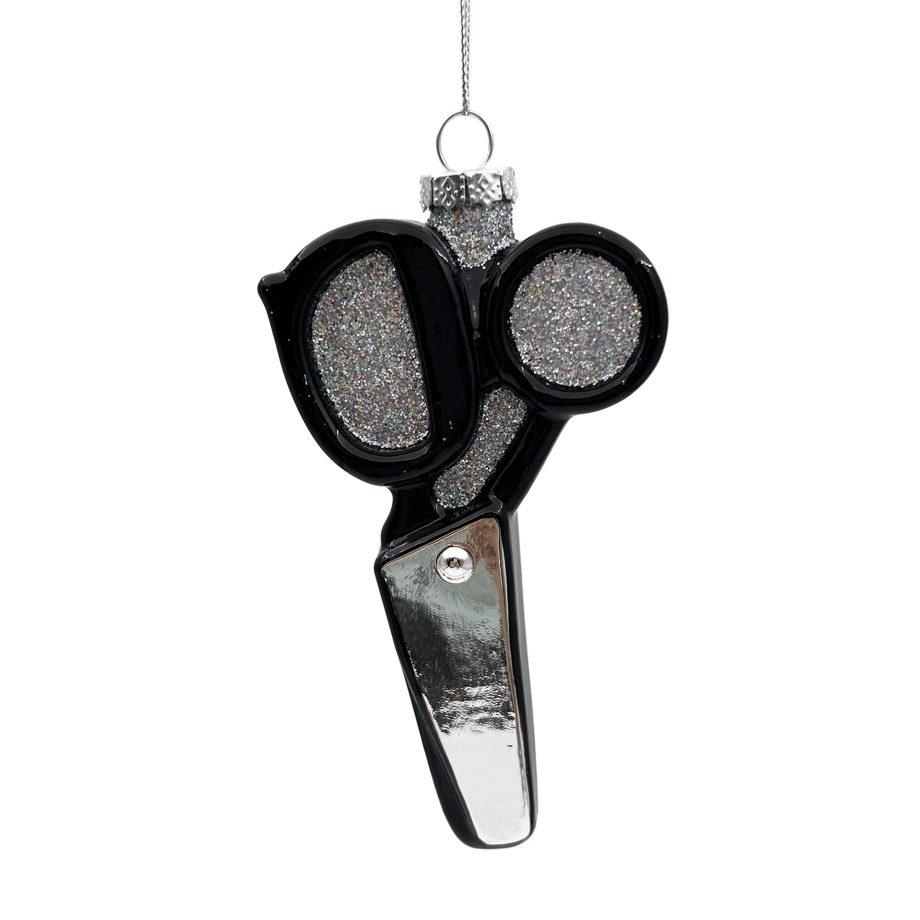 ORN GLASS SCISSORS 5" SILVER/BLACK GLITTER