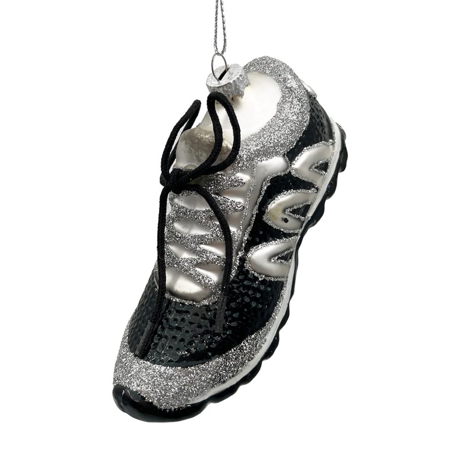 ORN GLASS SHOE 2" BLACK GLITTER