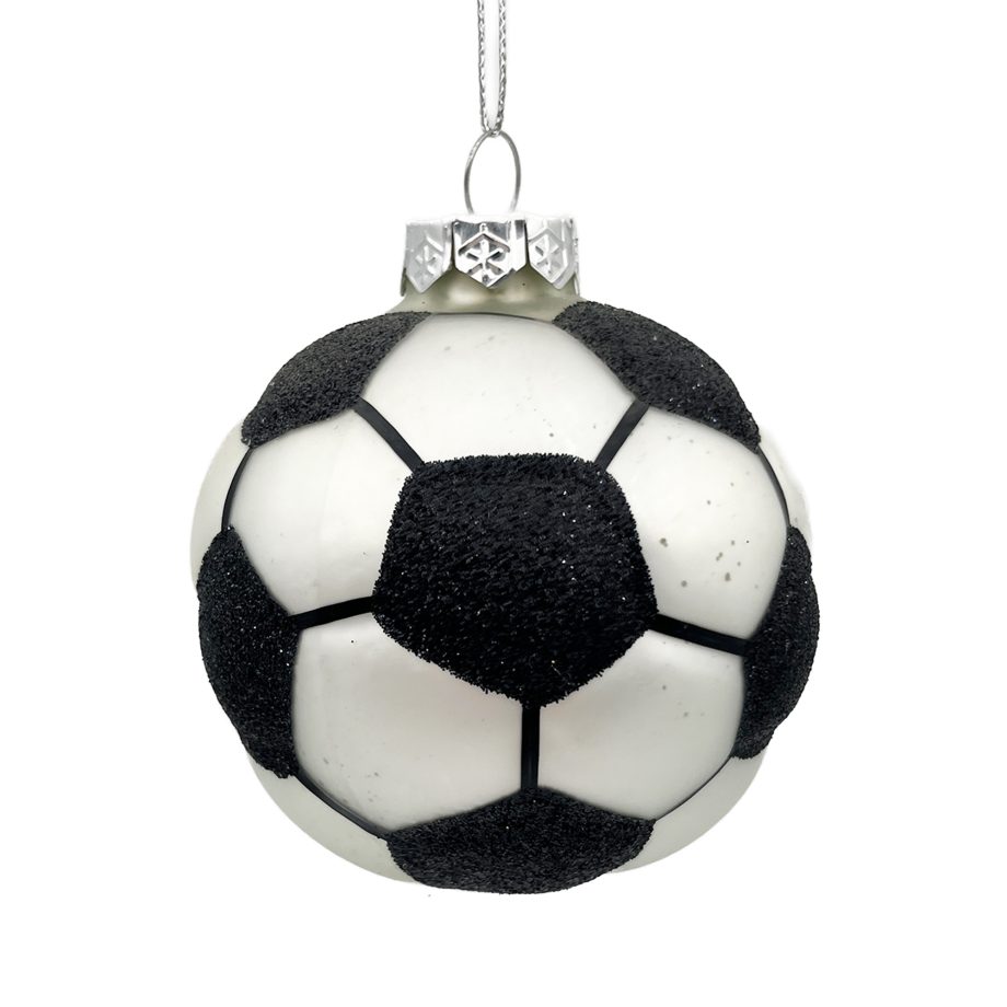 ORN GLASS FOOTBALL 3" PLATINUM/BLACK GLITTER