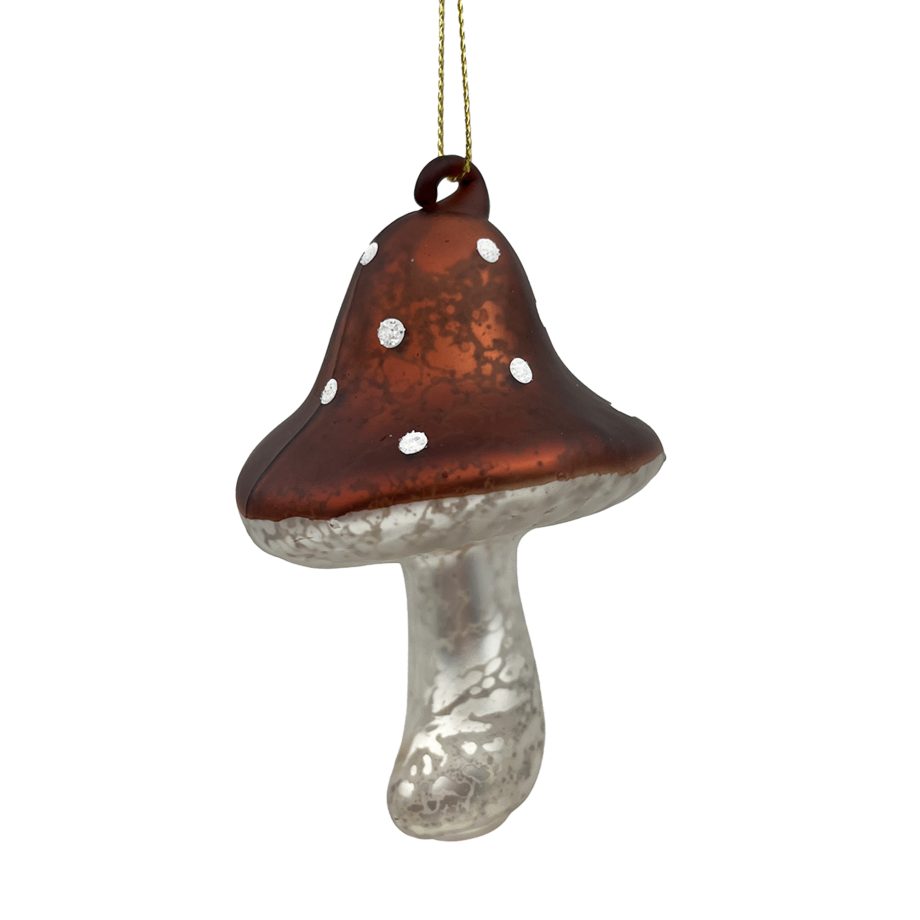 ORN GLASS MUSHROOM 4" X2 W/ POLKA DOT BROWN MERCURY
