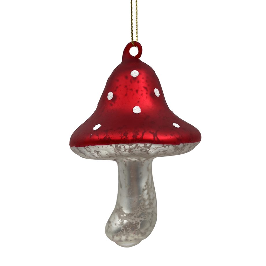 ORN GLASS MUSHROOM 4" X2 W/ POLKA DOT RED MERCURY