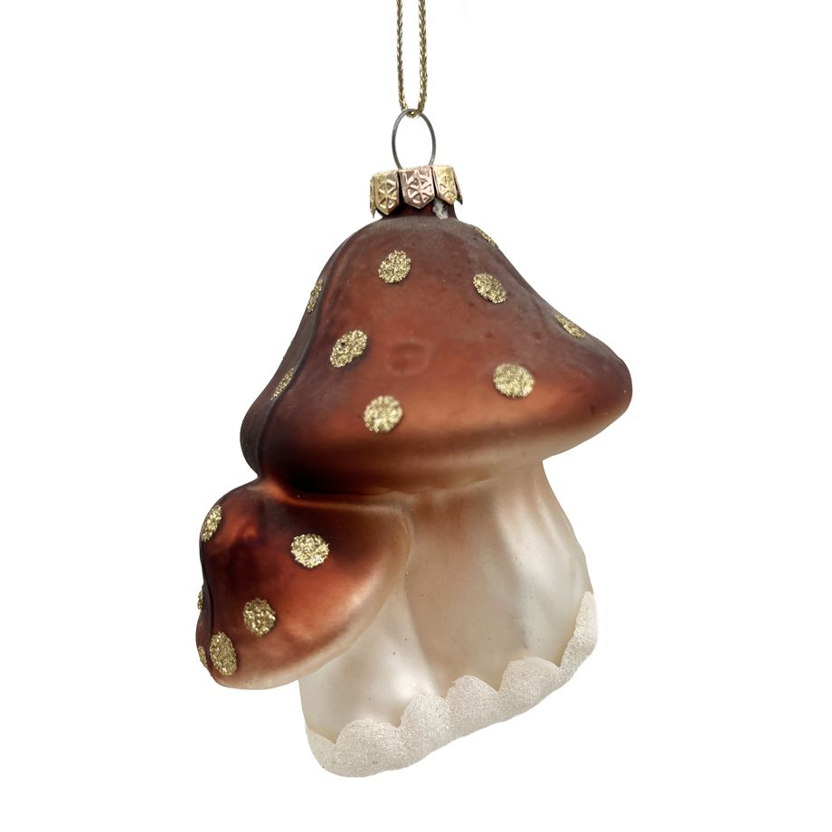 ORN GLASS MUSHROOM 4" X2 W/ POLKA DOT BROWN GLITTER