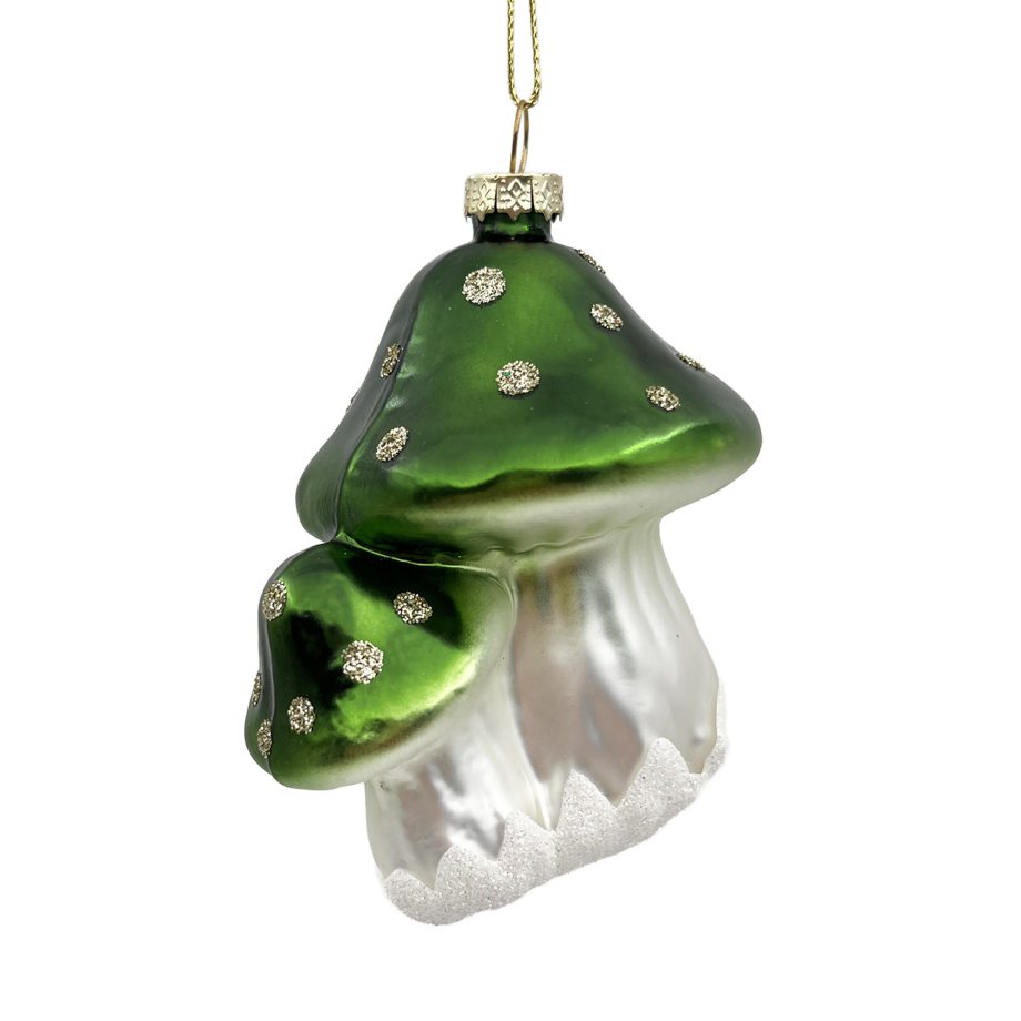 ORN GLASS MUSHROOM 4" X2 W/ POLKA DOT GREEN GLITTER
