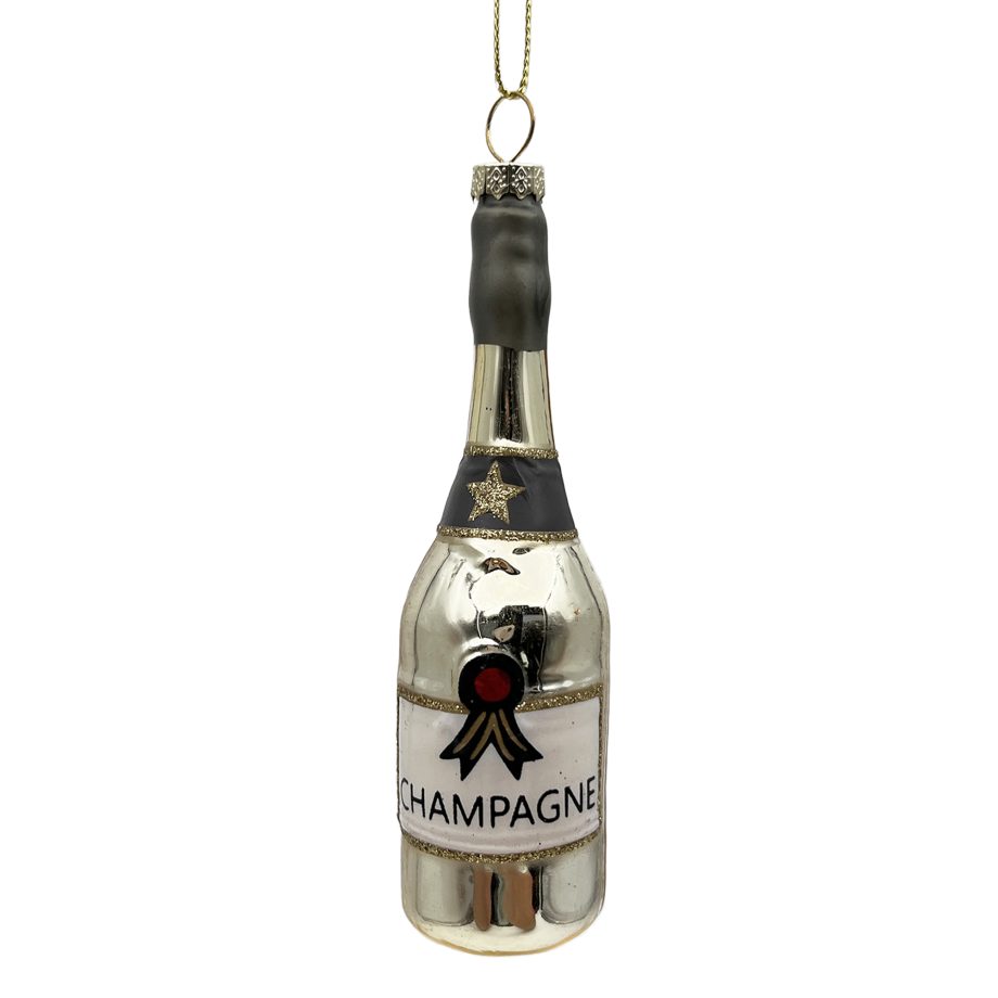 ORN GLASS CHAMPAGNE BOTTLE 5" CHAMPAGNE GLITTER
