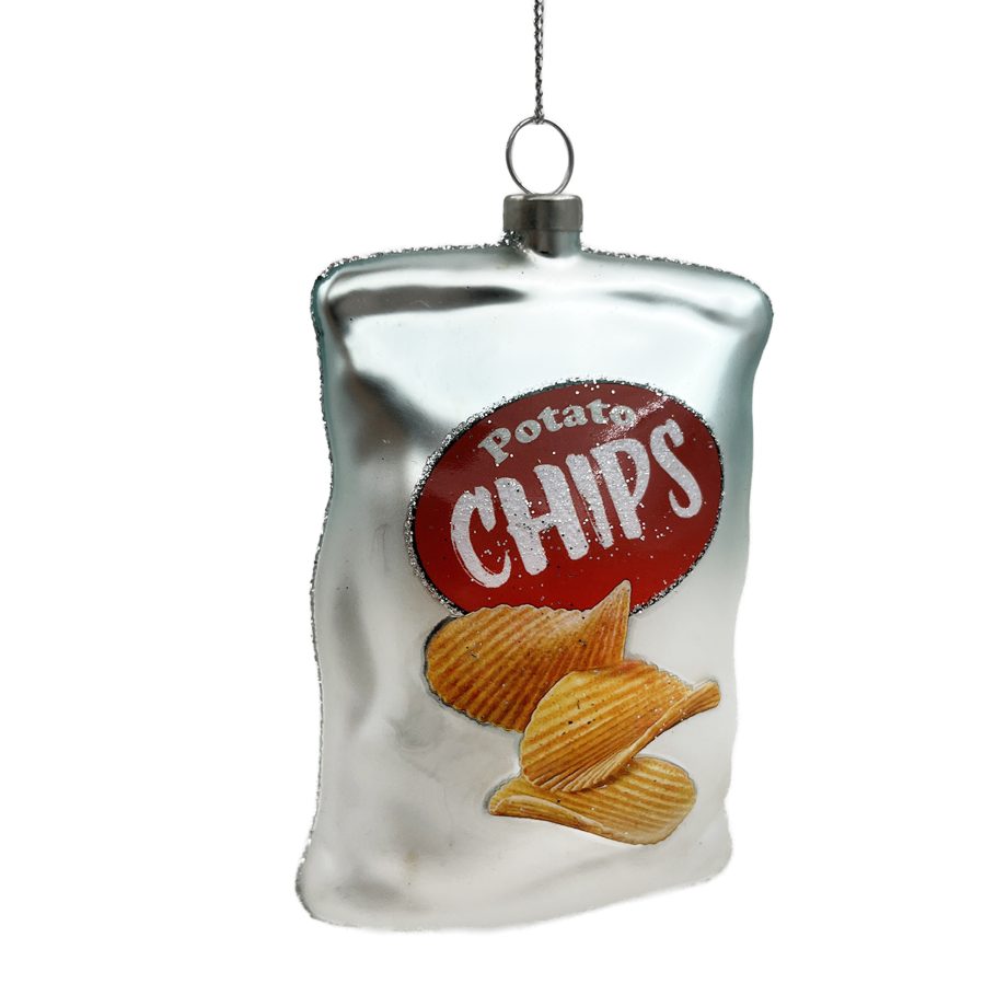 ORN GLASS POTATO CHIPS BAG 5" GLITTER SILVER
