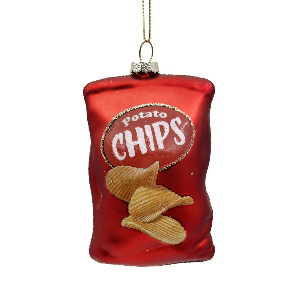ORN GLASS POTATO CHIPS BAG 5" GLITTER RED