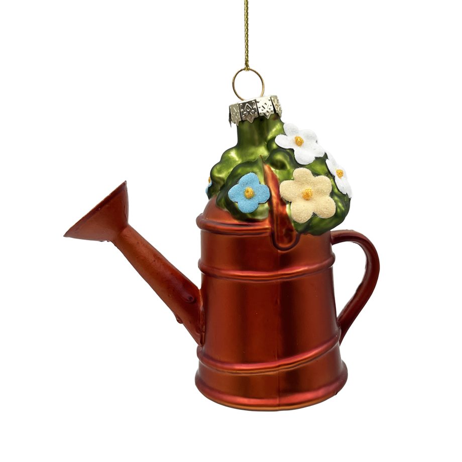 ORN GLASS WATERING POT W/ FLOWER 4" GLITTER RED