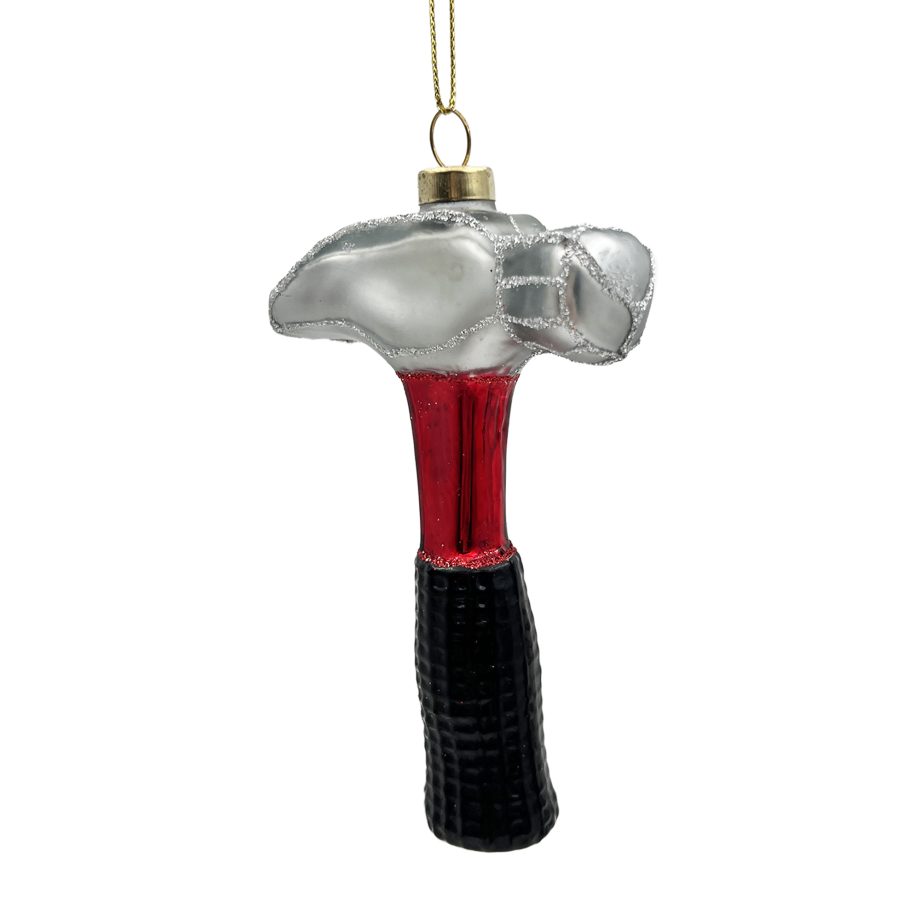 ORN GLASS HAMMER 5" GLITTER SILVER/RED/BLACK