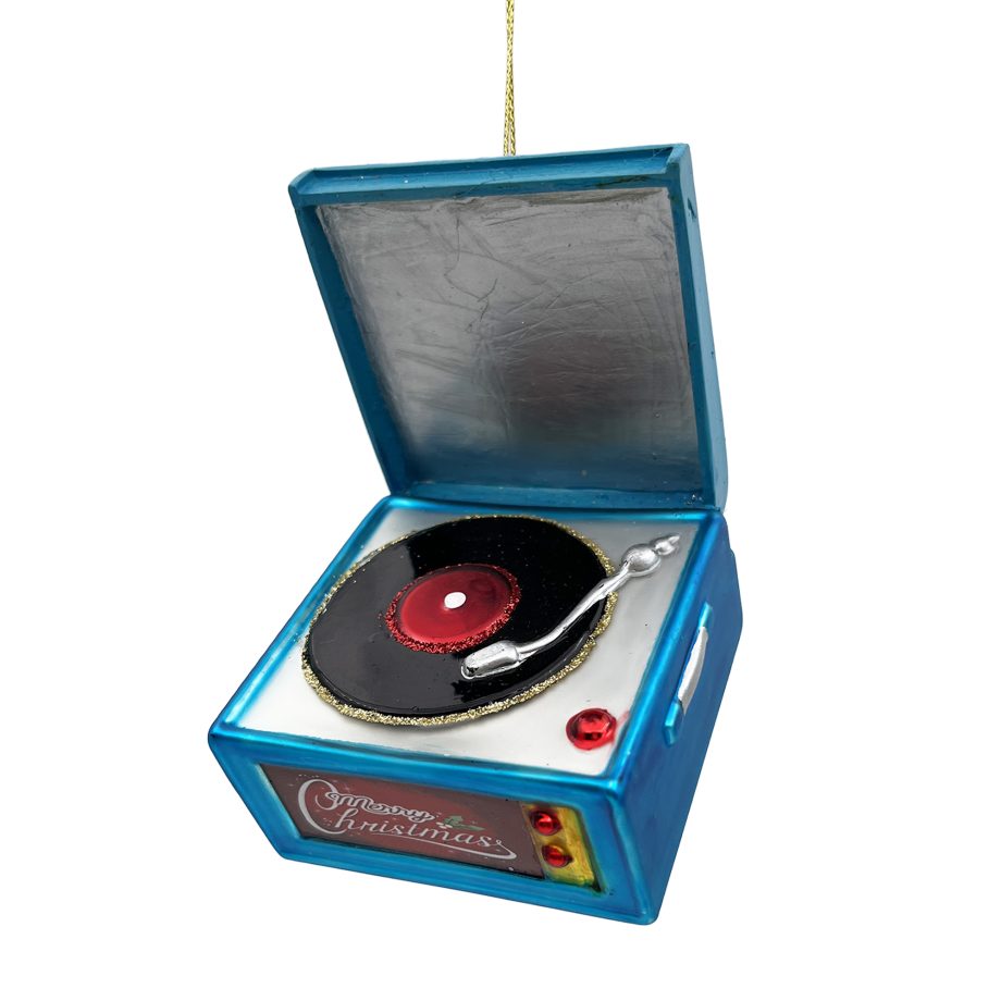 ORN GLASS TURNTABLE PHONOGRAPH 4" BLUE/CHARTREUSE/MULTI