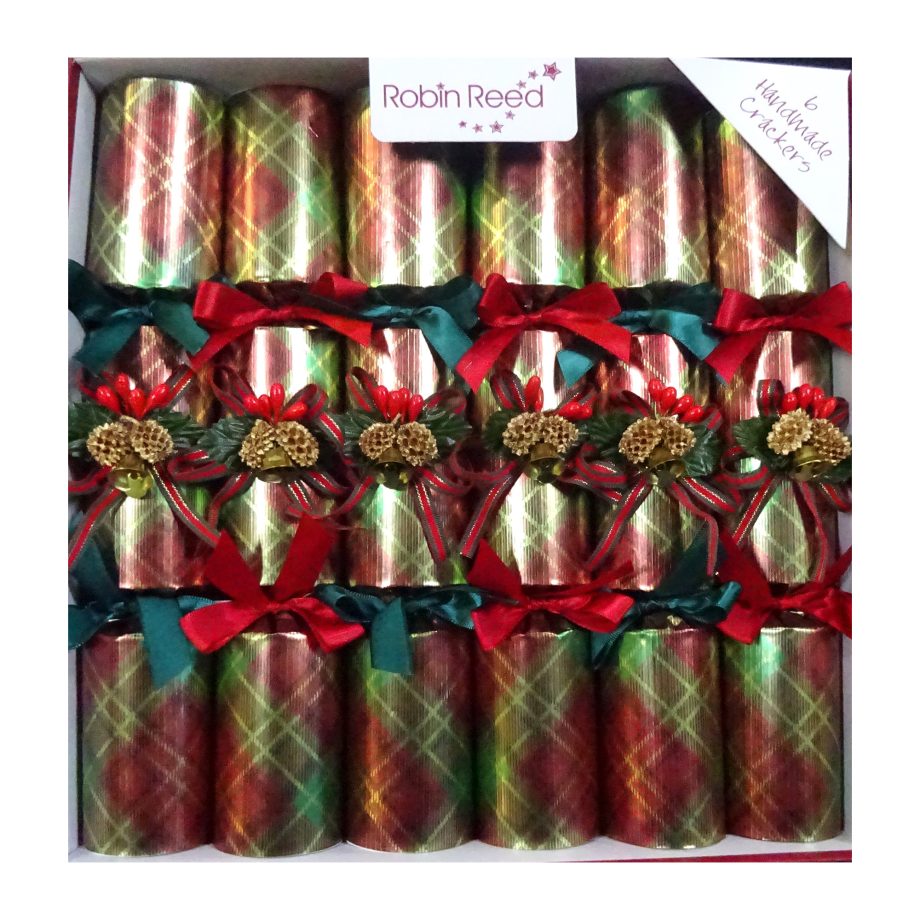 CHRISTMAS CRACKER PREMIUM RED 6PC X 12" TARTAN BELLS WITH PICCADILLY GIFT INSIDE