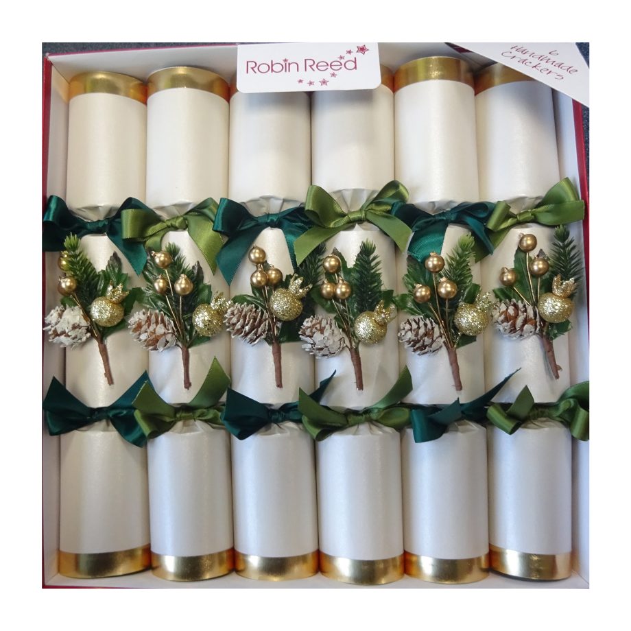 CHRISTMAS CRACKER PREMIUM WHITE 6PC X 12" EVERGREEN WITH PICCADILLY GIFT INSIDE