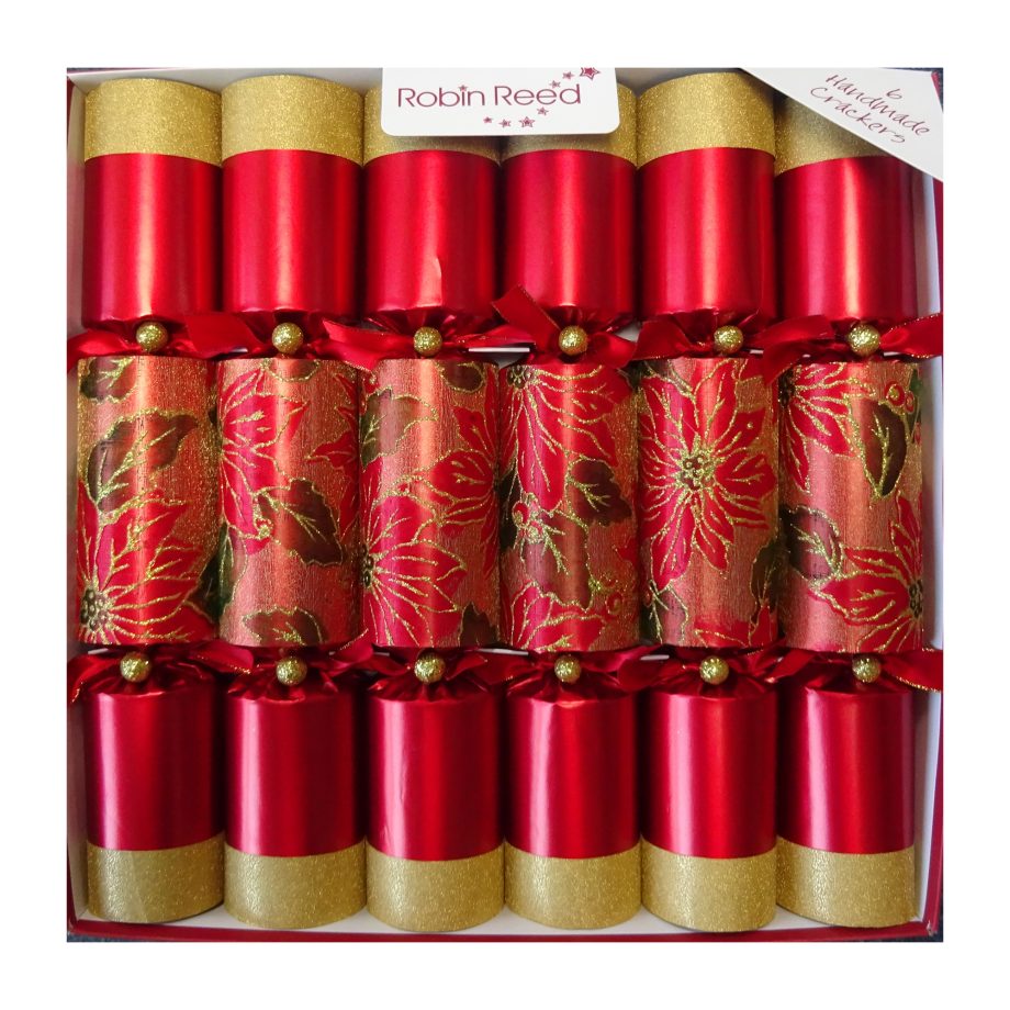 CHRISTMAS CRACKER PREMIUM RED 6PC X 12" POINSETTIA WITH PICCADILLY GIFT INSIDE