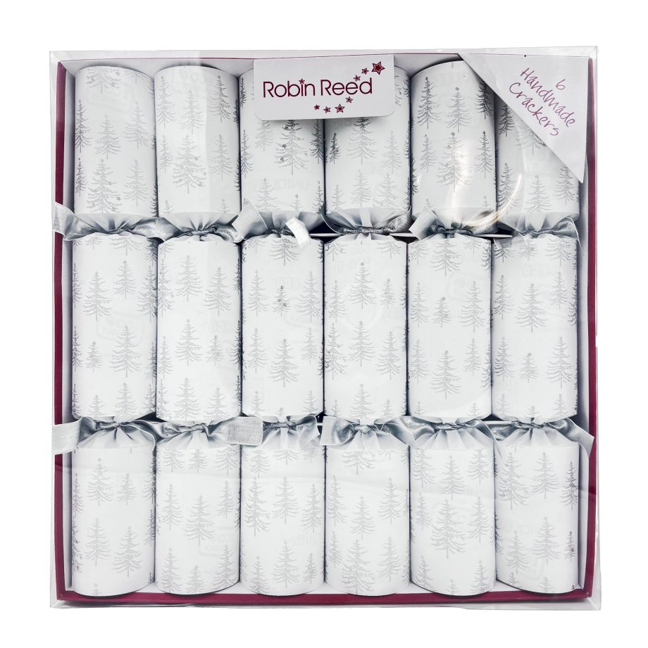 CHRISTMAS CRACKER PREMIUM WHITE 6PC X 12" SILVER TREES WITH PICCADILLY GIFT INSIDE