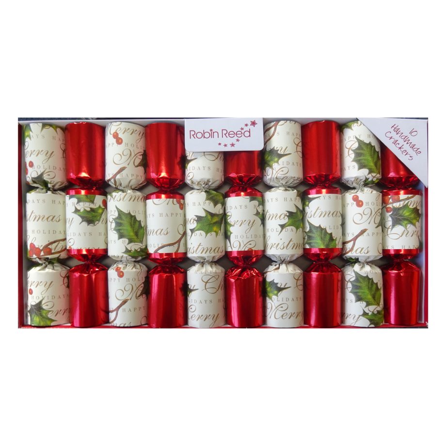 CHRISTMAS CRACKERS RED 10PC X 8.5" BOWS & BERRIES WITH NOVELTY GIFT INSIDE