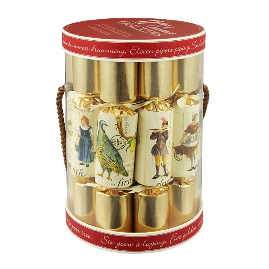 CHRISTMAS CRACKER TUB GOLD 12PC X 10" 12 DAYS OF CHRISTMAS WITH JOKE, TRIVIA & WHO AM I? INSIDE