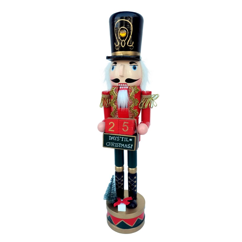 NUTCRACKER WOODEN STANDING 15" RED/BLACK HOLDING CHRISTMAS DAY COUNTDOWN